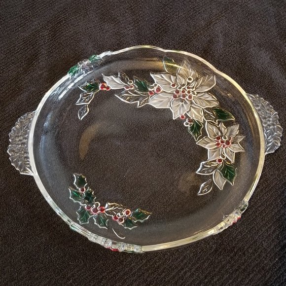 Other - Christmas Crystal Platter/Tray Holly & Berries Vtg